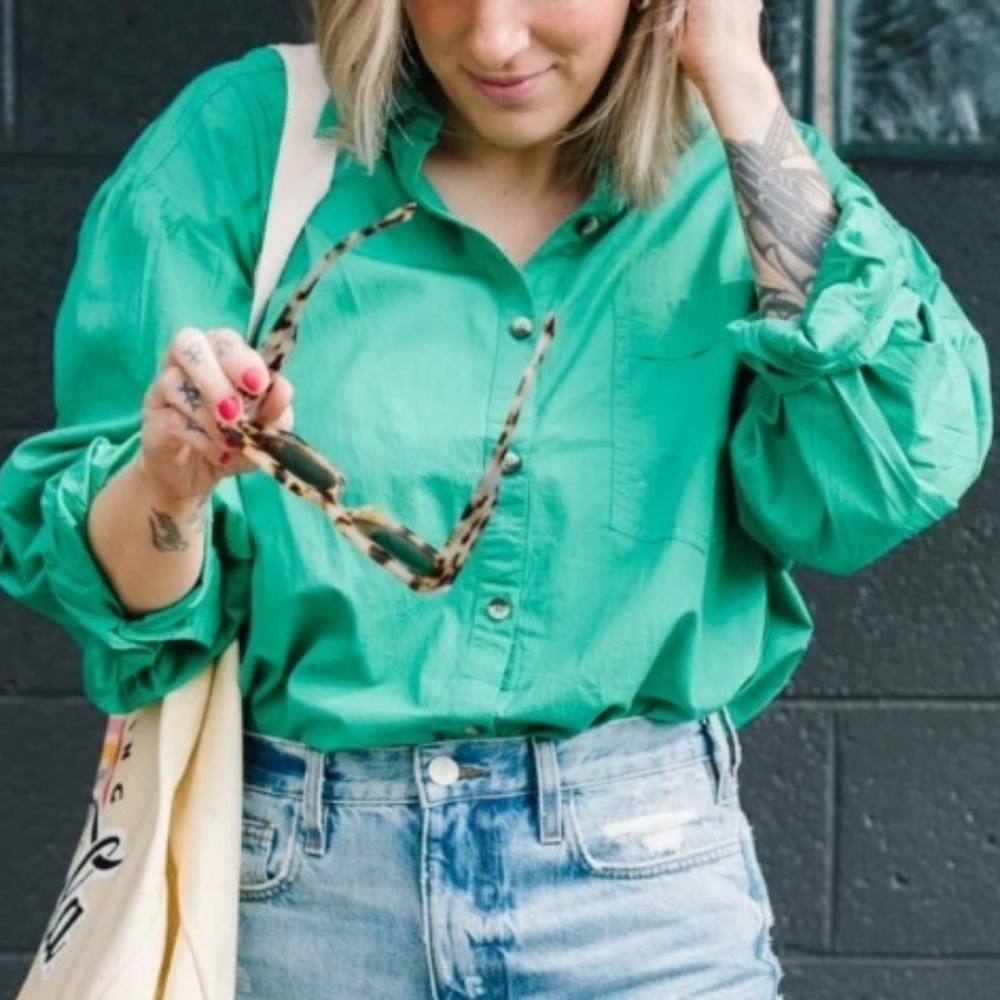 Free People We The Free Happy Hour Solid Poplin Top Large Green